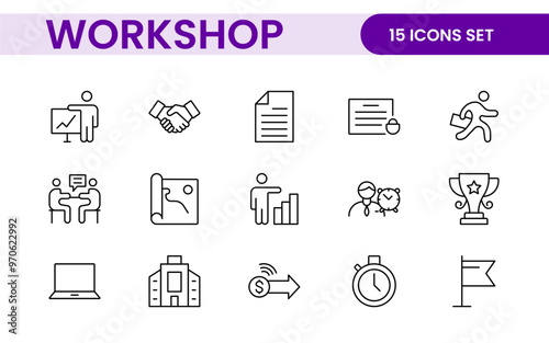 Set of Workshop and Coaching line icons. Outline icon collection related to training, coaching, mentoring, education, meetings, conferences, and teamwork.