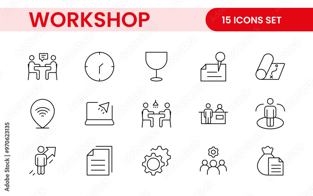 Set of Workshop and Coaching line icons. Outline icon collection related to training, coaching, mentoring, education, meetings, conferences, and teamwork. Set of Workshop and Coaching line icons. Outline icon collection related to training, coaching, mentoring, education, meetings, conferences, and teamwork.