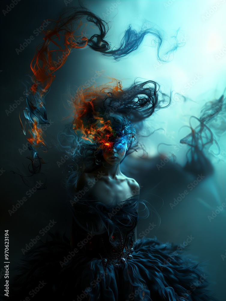 A mesmerizing digital artwork featuring a woman with fiery and dark energy swirling around her, blending fire and mist, dressed in a flowing dark gown. The ethereal atmosphere enhances