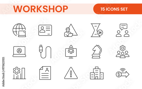 Set of Workshop and Coaching line icons. Outline icon collection related to training, coaching, mentoring, education, meetings, conferences, and teamwork.