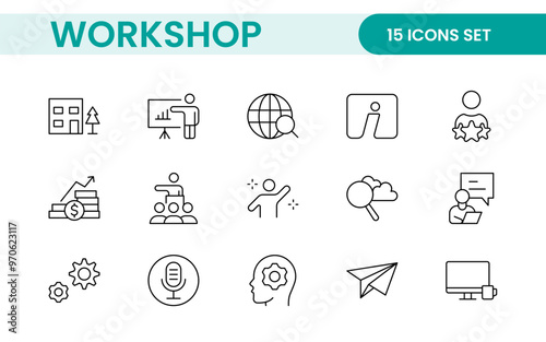 Set of Workshop and Coaching line icons. Outline icon collection related to training, coaching, mentoring, education, meetings, conferences, and teamwork.