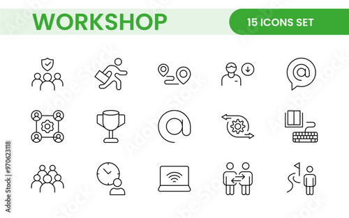 Set of Workshop and Coaching line icons. Outline icon collection related to training, coaching, mentoring, education, meetings, conferences, and teamwork.