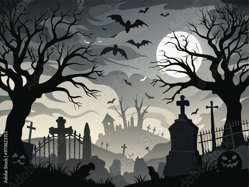 Spooky Graveyard Silhouette Scene with Bats and Bare Trees