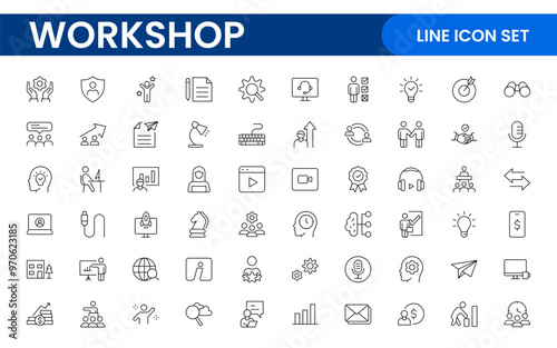Set of Workshop and Coaching line icons. Outline icon collection related to training, coaching, mentoring, education, meetings, conferences, and teamwork.
