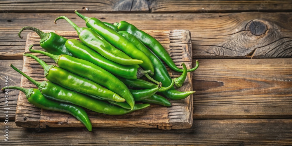 Green chili peppers displayed on a rustic wooden board , spicy, organic, fresh, produce, vegetable Green chili peppers displayed on a rustic wooden board , spicy, organic, fresh, produce, vegetable
