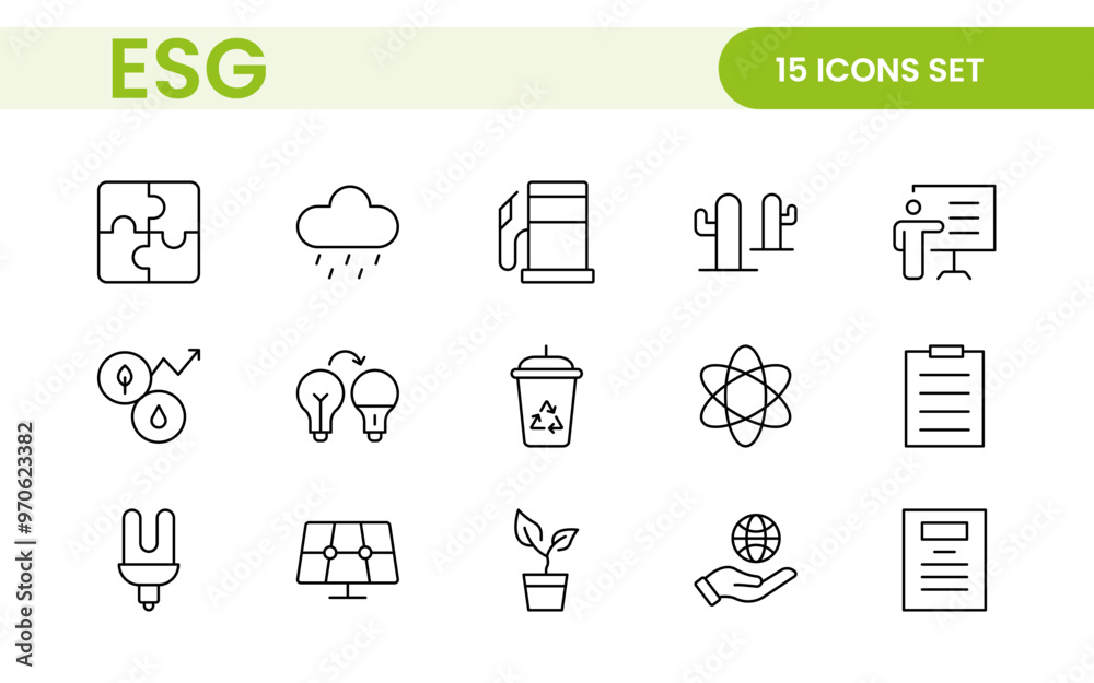 ESG flat line icon set. Outline icon collection related to ecology, environment social governance, risk management, sustainable developmen and more. ESG flat line icon set. Outline icon collection related to ecology, environment social governance, risk management, sustainable developmen and more.