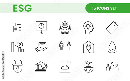 ESG flat line icon set. Outline icon collection related to ecology, environment social governance, risk management, sustainable developmen and more. photo