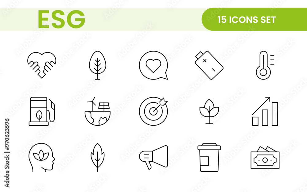 ESG flat line icon set. Outline icon collection related to ecology, environment social governance, risk management, sustainable developmen and more. ESG flat line icon set. Outline icon collection related to ecology, environment social governance, risk management, sustainable developmen and more.