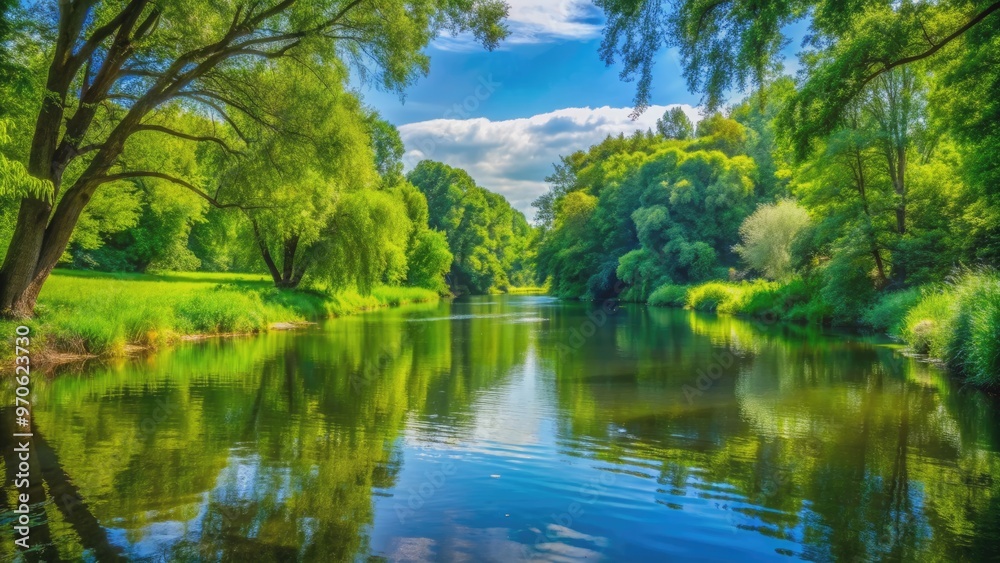 Fototapeta premium Lush riverbank with abundant greenery , river, trees, plants, nature, foliage, lush, green, riverbank, stream, water