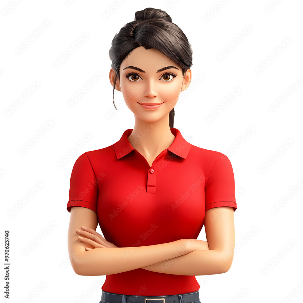 A confident young woman in a red polo shirt stands proudly with her arms crossed, showcasing professionalism and approachability. 3D generative ai.