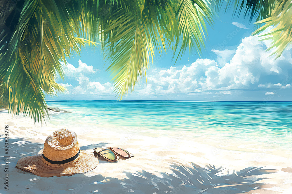 Obraz premium A serene beach scene with a straw hat and sunglasses under palm trees by the ocean.