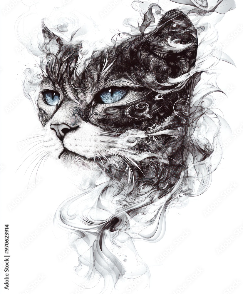 A stylized portrait of a cat's head with smoke and swirling patterns surrounding it. The cat has piercing blue eyes and a serious expression. The background is white. A stylized portrait of a cat's head with smoke and swirling patterns surrounding it. The cat has piercing blue eyes and a serious expression. The background is white.