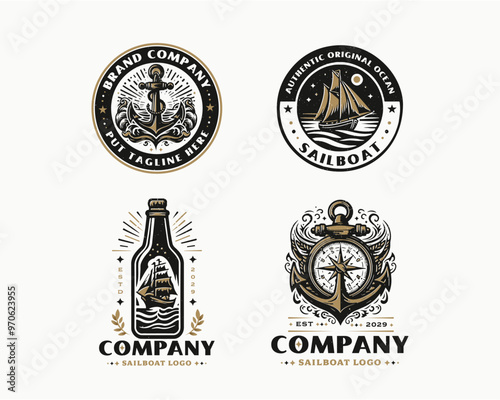 set vintage classic marine sailboat nautical emblem logo for business company