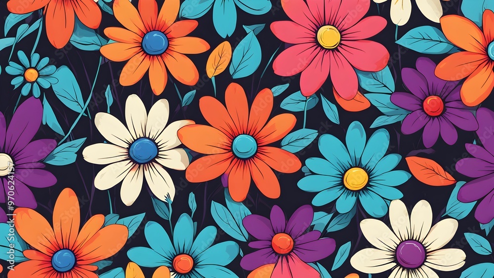 A seamless pattern of colorful flowers with a dark background. A seamless pattern of colorful flowers with a dark background.