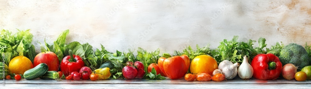 Fresh Vegetables and Fruits on Rustic White Wooden Background Fresh Vegetables and Fruits on Rustic White Wooden Background