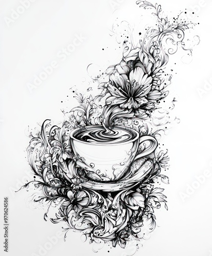 A black and white illustration of a cup of coffee with swirling steam, surrounded by delicate floral patterns.