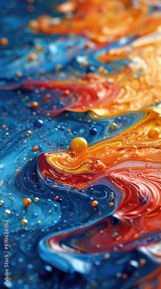Abstract piece with a harmonious blend of contrasting colors, created through the dynamic interplay of flicking, dripping and splashing paint. Abstract piece with a harmonious blend of contrasting colors, created through the dynamic interplay of flicking, dripping and splashing paint.