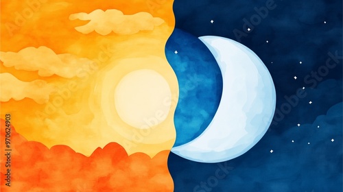 Sun and Moon Harmony: Watercolor sun and moon with soft clouds in day and night contrast.