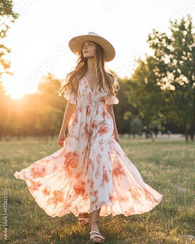 A  model in a flowy maxi dress with floral prints in soft pastel colors, paired with chunky platform sandals and a wide-brimmed hat, walking through a park during sunset, warm and bohemian vibe.