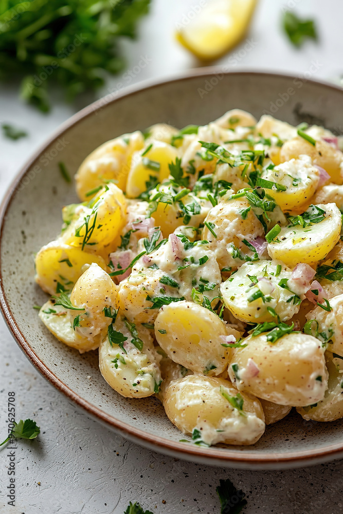 potato salad. on white stone background. potato salad. on white stone background.
