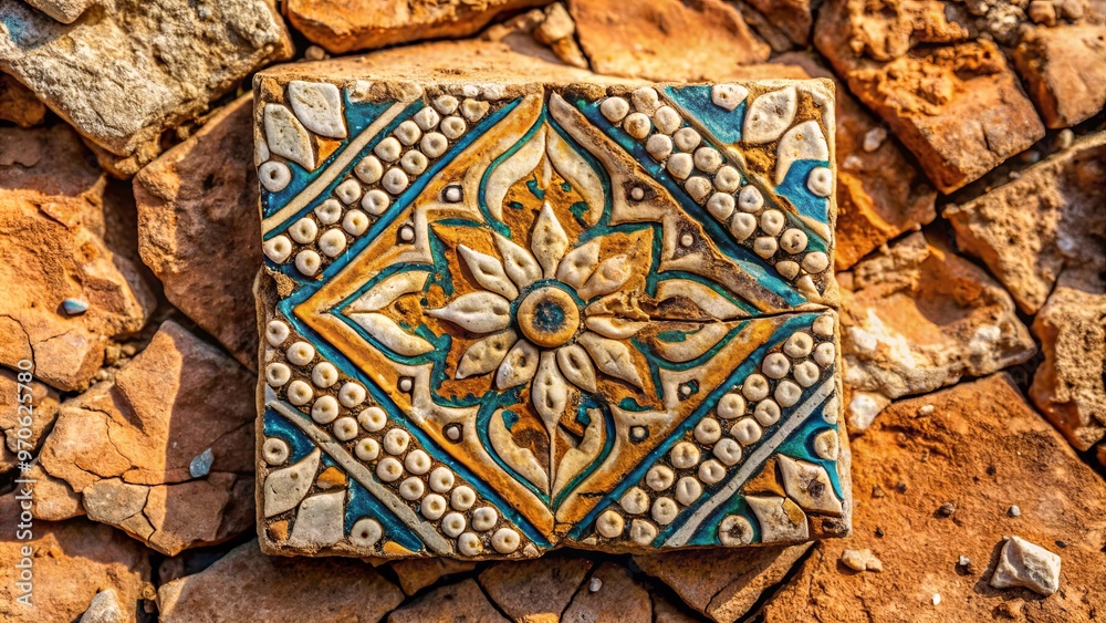 Obraz premium Cracked surface of ancient clay tile found in historic site, showing weathered textures and intricate patterns
