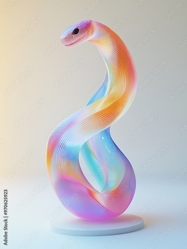 Fototapeta premium Bright colored frosted glass 3D snake floats on a white background, Cute, personified, placed on the white display rack in the exhibition hall for year of snake 2025