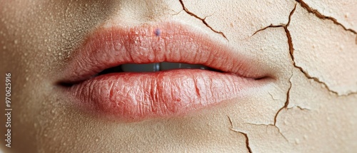 Close-up of dry, cracked lips highlighting the need for hydration and skincare. A striking visual representation of beauty care. photo