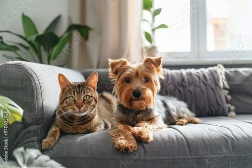 Cat and dog relax together on a cozy grey couch by the window during a sunny afternoon in a comfortable living room