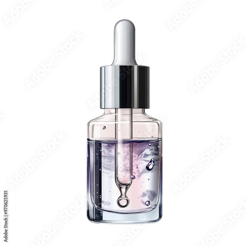 A stylish serum bottle with a dropper, showcasing clear liquid with subtle hues, perfect for beauty and skincare themes.