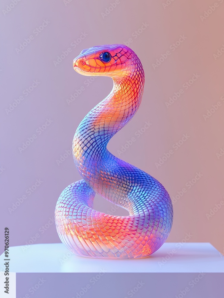 Fototapeta premium Bright colored frosted glass 3D snake floats on a white background, Cute, personified, placed on the white display rack in the exhibition hall for year of snake 2025