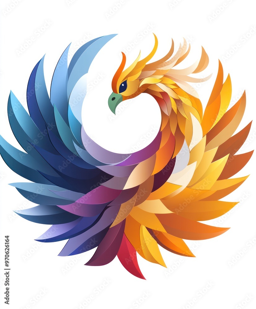 Obraz premium A colorful phoenix bird with its wings spread out in a circle, symbolizing rebirth and renewal.