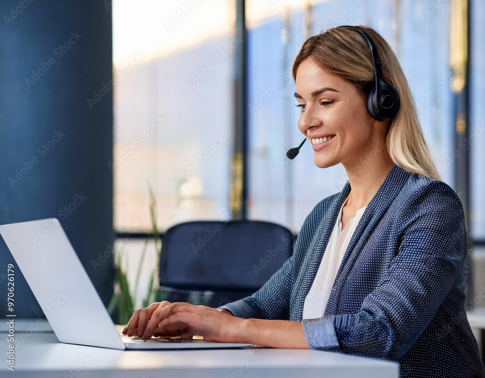 Smiling blonde businesswoman with headset working callcenter on laptop in modern office setting Smiling blonde businesswoman with headset working callcenter on laptop in modern office setting