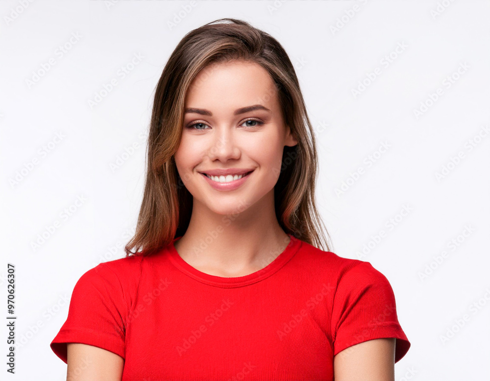 Portrait girl long hair of young beautiful caucasian woman in red t-shirt cheerfuly smiling looking friendly Portrait girl long hair of young beautiful caucasian woman in red t-shirt cheerfuly smiling looking friendly