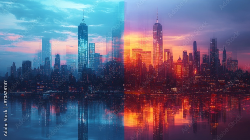 Cityscape Sunset Reflection. Cityscape Sunset Reflection.