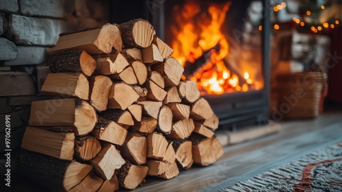 Pile of firewood for fireplace at home