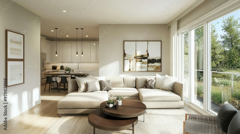 Fototapeta premium Modern living space featuring a plush sectional, contemporary decor, and large windows that flood the room with sunlight.