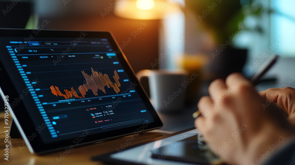 Closeup of a hand analyzing financial data on a tablet. Closeup of a hand analyzing financial data on a tablet.