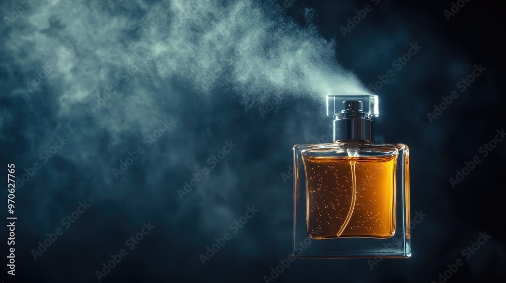 Dramatic image of a perfume bottle releasing a mist against a dark background, creating an elegant and refined atmosphere. Dramatic image of a perfume bottle releasing a mist against a dark background, creating an elegant and refined atmosphere.