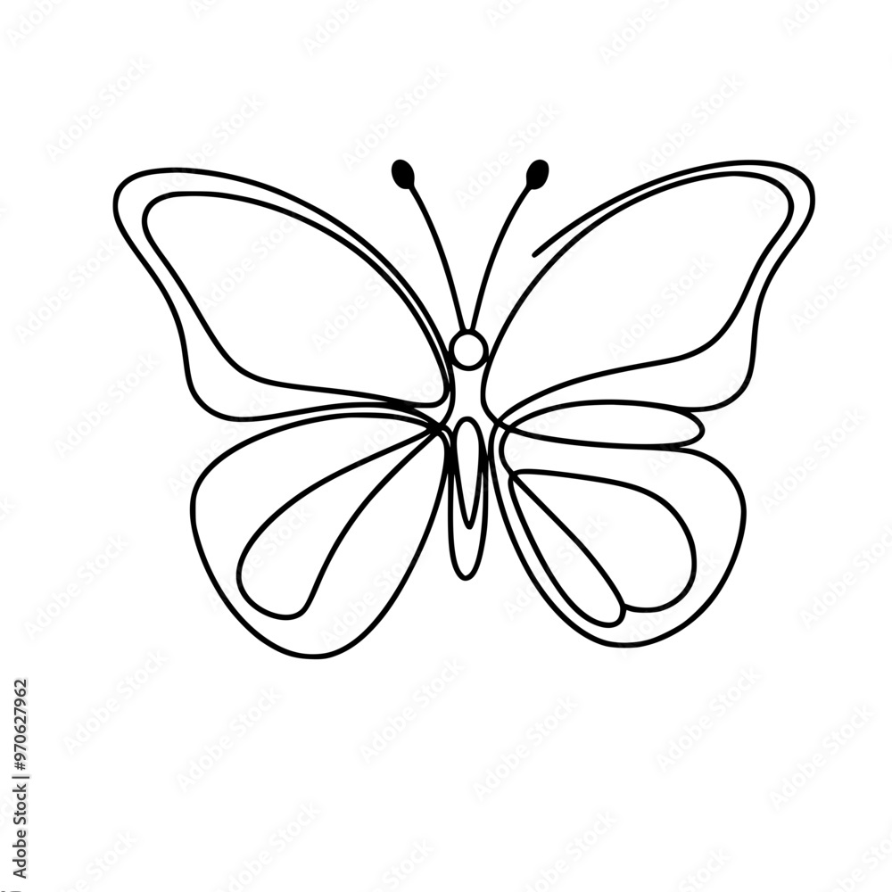 Linear vector simple drawing of a butterfly with two pairs of wings, decorated with patterns of lines and curves, done in a minimalist style Linear vector simple drawing of a butterfly with two pairs of wings, decorated with patterns of lines and curves, done in a minimalist style