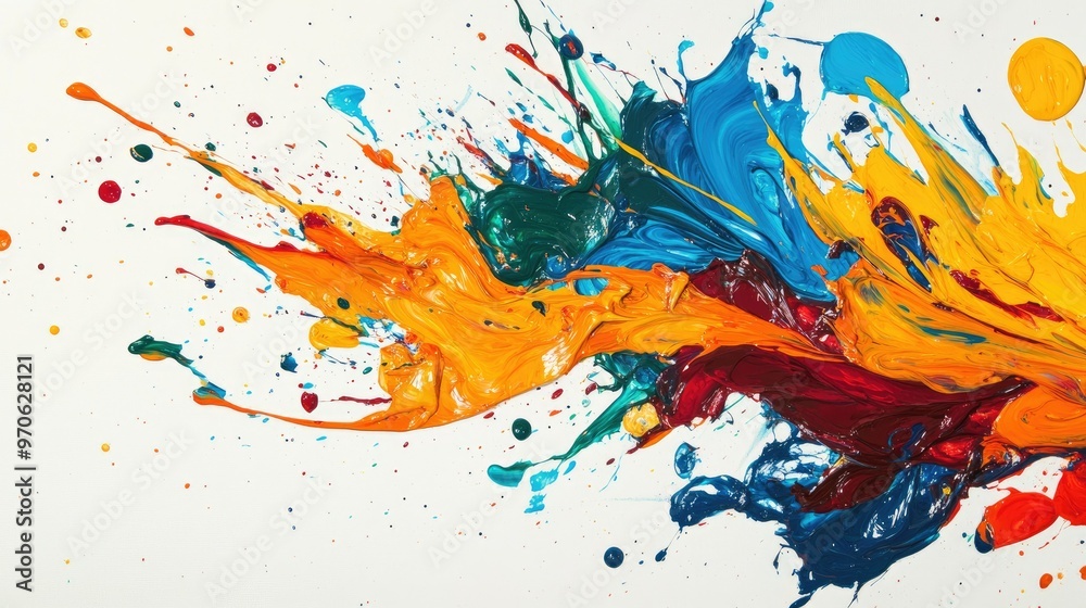 Dynamic abstract background featuring vibrant, colorful paint splashes on a white canvas. Energetic and artistic feel. Dynamic abstract background featuring vibrant, colorful paint splashes on a white canvas. Energetic and artistic feel.