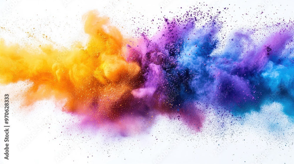 Dynamic explosion of vibrant Holi powders in yellow, purple, orange, and blue on a white background, bursting with color. Dynamic explosion of vibrant Holi powders in yellow, purple, orange, and blue on a white background, bursting with color.