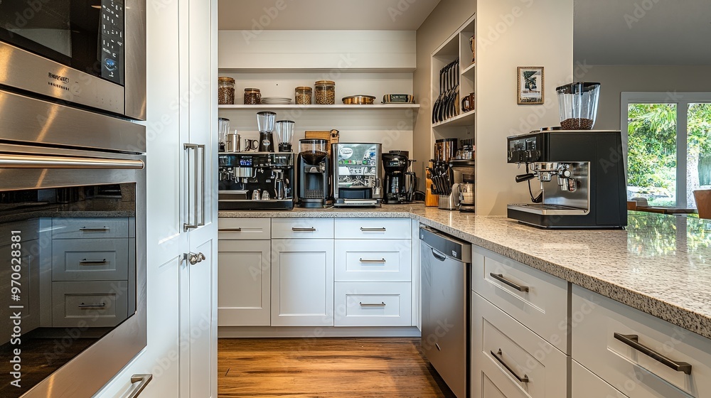 Picture a kitchen with a built-in coffee station, complete with an espresso machine, grinder, and storage for beans and accessories. Picture a kitchen with a built-in coffee station, complete with an espresso machine, grinder, and storage for beans and accessories.