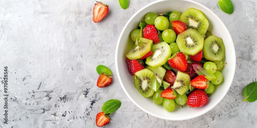 Top view of fresh kiwifruit summer salad in a white bowl on a light gray table with space for text Top view of fresh kiwifruit summer salad in a white bowl on a light gray table with space for text
