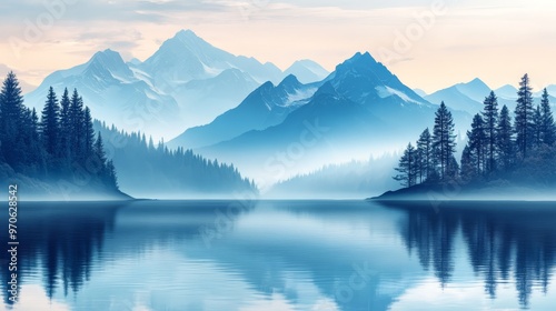 Serene Mountain Lake with Reflection and Misty Forest