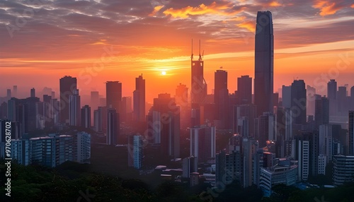 Urban skyline bathed in warm hues of sunrise