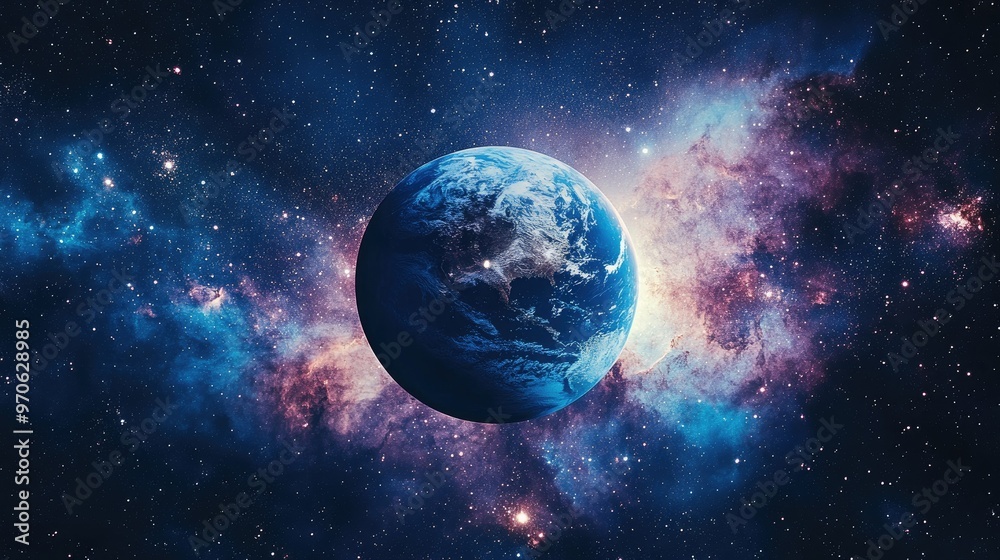 Obraz premium Earth viewed from space, surrounded by a brilliant galaxy of stars and nebulae, capturing the majesty of the cosmos and the beauty of our world