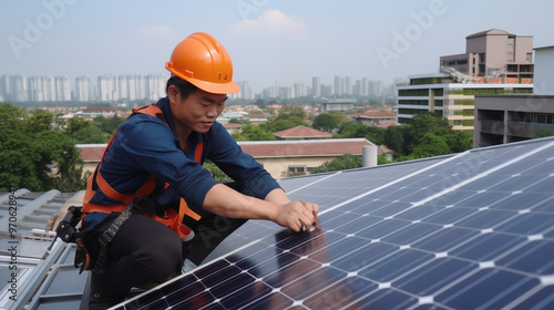 Man installer mounting photovoltaic solar panels on roof of house. Engineer in helmet installing solar module system with help of hex key. Concept of alternative, renewable energy. photo