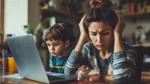 Mother trying to work in front of laptop with little boy son wanting attention, parent working from home