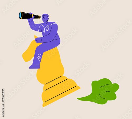 Man rides horse with spyglass. Business vision concept. Colorful vector illustration