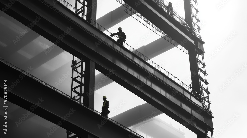 Two Construction Workers on a Steel Beam of a Building Two Construction Workers on a Steel Beam of a Building